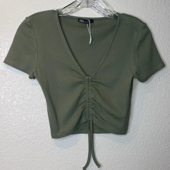 Zara Cropped V Neck Ruched front Top in Sage Green - Picture 3 of 6
